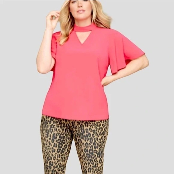 Lane Bryant Pink Keyhole Flutter Sleeve Choker Blouse Hot Pink Size 16 D - Picture 1 of 9